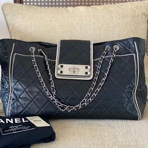 Authentic Chanel Black  leather quilted east west extra large tote